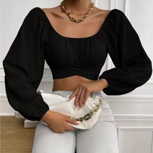Black Puff Long Sleeve Crop Top